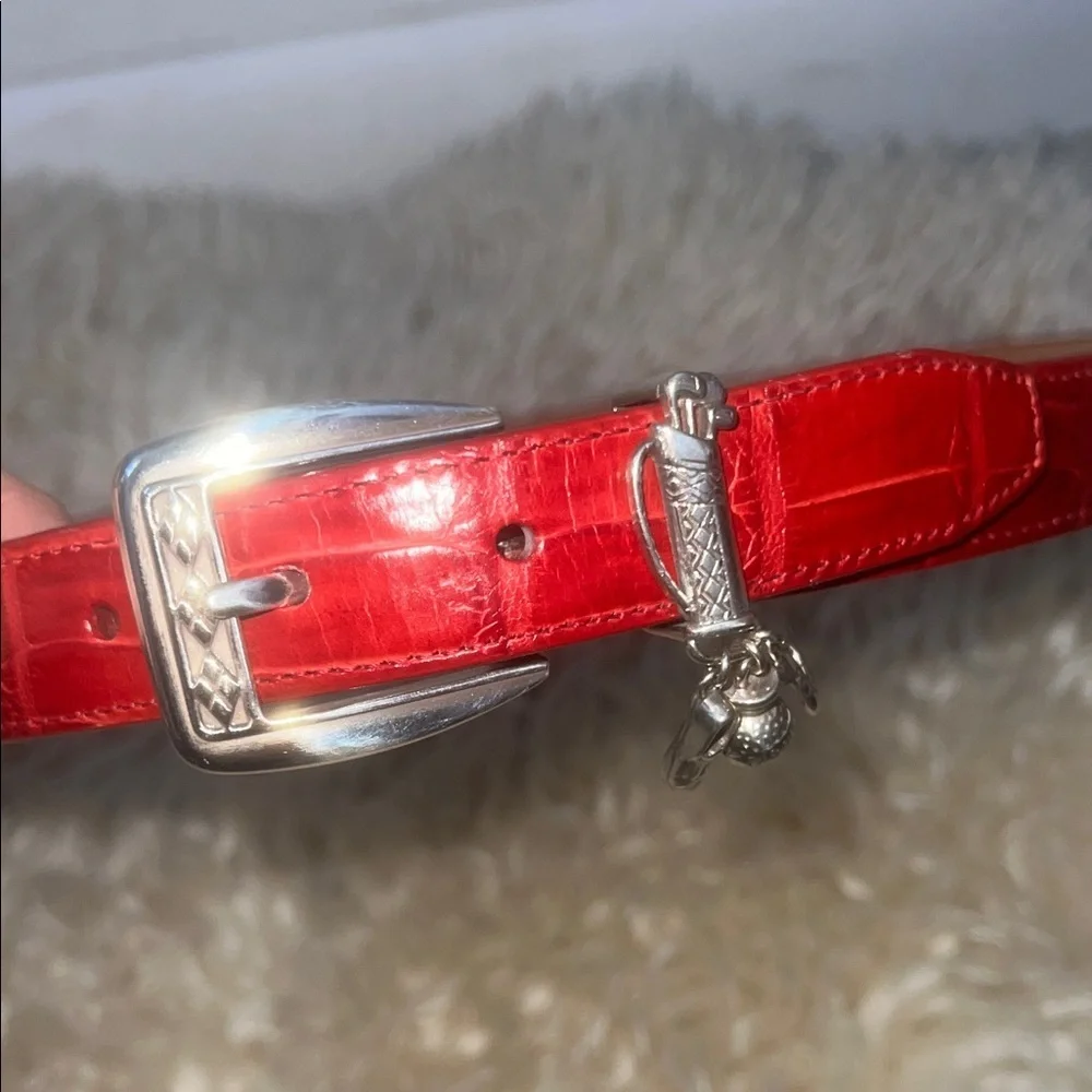 Brighton Womens Croc Embossed Belt Size M30 Red Leather Silver Golf Charms